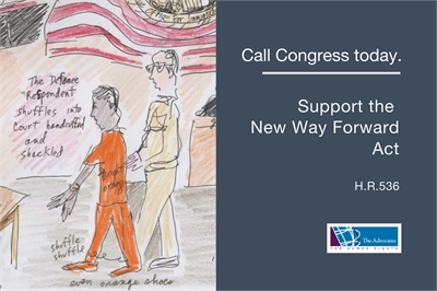 [ai] An illustration depicting a person in an orange outfit, handcuffed and shackled, entering a courtroom. The background includes a U.S. flag. Text at the top encourages calling Congress to support the New Way Forward Act, H.R.536.